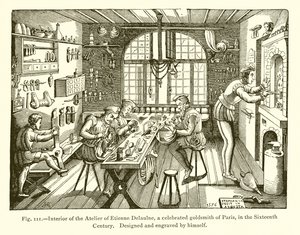 Interieur van het Atelier van Etienne Delaulne, een beroemde Goudsmid van Parijs, in de Zestiende Eeuw door French School