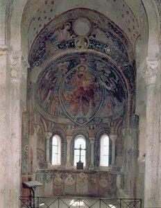 Interieur van de apsis met een fresco van Christus die de wet aan St. Peter geeft in aanwezigheid van heiligen en apostelen door French School