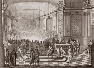 Interieur van de Jacobijnenhal, in Nantes, tijdens de vergadering van de Verenigde Staten van Bretagne in 1764. door French School