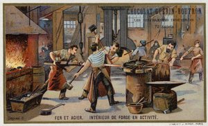 IJzer en staal. Interieur van een drukke smederij door French School