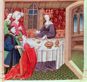 Isolde smeekt koningin Guinevere om bescherming, Roman du Chevalier Tristan door French School