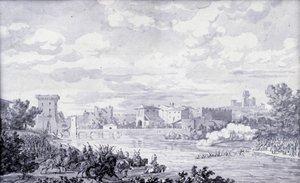 Italiaanse platteland: het Franse leger stak de rivier de Mincio over naar Borghetto in 1796 door French School