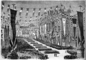 Italiaanse eenwording, Turijn, 2 april 1860: decoratie van het kasteelplein (Piazza Castello) ter gelegenheid van de opening van het Italiaanse parlement. Gravure in 