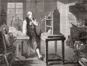 James Watt in zijn werkplaats in Glasgow, verbeterend aan Thomas Newcomen