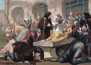 Jansenisme: de convulsionairen (Jansenistische fanatici) van de begraafplaats Saint Medard onder Lodewijk XV. Chromolithografie rond 1890 door French School