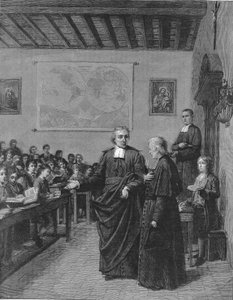 Jean Baptiste De La Salle (Jean-Baptiste) 1651-1719 Franse religieuze, oprichter van de congregatie van de broeders van de christelijke scholen, toont een van zijn scholen aan M de La Chetardie. Gravure uit het einde van de 19e eeuw. door French School