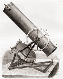 Spiegeltelescoop van Jean Bernard Léon Foucault op een equatoriale montering, naar een 19e-eeuwse tekening, uit Les Merveilles de la Science, gepubliceerd ca. 1870 (gravure)