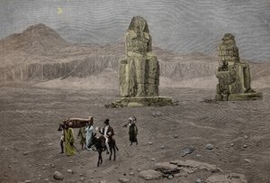 Jean Francois Champollion bij de kolossen van Memnon, Egypte (gravure)