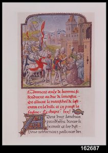 Jan van Gent ontvangen door de burgers van Bayonne bij de stadspoorten, uit Froissarts Kroniek, eind 15e eeuw door French School