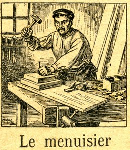 Timmerman die een spijker met een hamer in een montage van planken op zijn werkbank slaat. Gravure van een syllabarium (leesboek) rond 1920. door French School