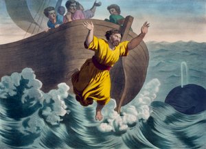 Jona in de zee geworpen, illustratie uit een catechismus L