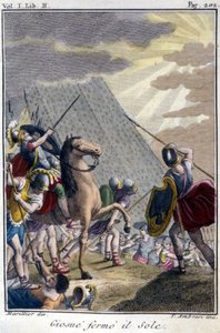 Joshua stopt de race van de Zon, gravure naar een Franse editie van La Bible gepresenteerd door De Sacy. Parijs door French School