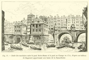 Roeiwedstrijd van de schippers tussen de Pont Notre-Dame en de Pont au Change in 1751, naar een schilderij van Raguenet behorend tot de baden van de Samaritaine door French School