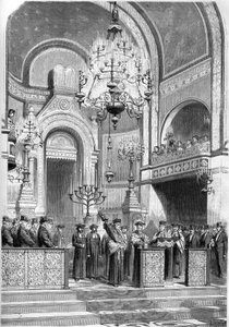 Jodendom: plechtige ontvangst van de opperrabbijn van Parijs, Zadoc Kahn (1839-1905), in de synagoge van de rue Notre Dame de Nazareth, op 13 januari 1869. De opperrabbijn zingt het 
