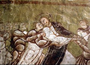 Judas kust Christus (fresco) (detail) door French School