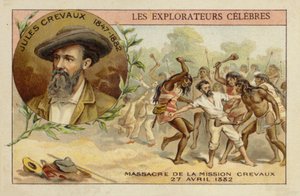 Jules Crevaux (1847-1882) aan de oevers van de Rio Pilcomayo in Argentinië op 27 april 1882 door French School