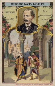 Jules Massenet, Frans componist, en een scène uit zijn opera Le Cid (chromolitho) door French School