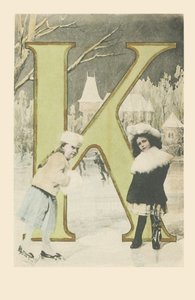 Twee meisjes, glijdend en schaatsend in de winter door French School