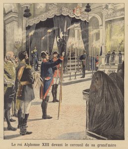 Koning Alfonso XIII van Spanje voor de kist van zijn grootmoeder, koningin Isabella II (kleurenlitho)