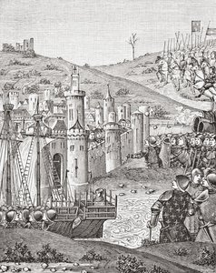 Koning Karel VII, bij het verlaten van Rouen, vertrekt om de stad Harfleur te belegeren, naar een miniatuur uit het 15e-eeuwse manuscript Chroniques de Monstrelet, uit Wetenschap en Literatuur in de Middeleeuwen door Paul Lacroix, gepubliceerd in Londen 18