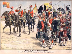 Koning Edward VII inspecteert Highland-troepen in Engeland