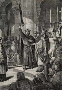 Koning Lodewijk VII (1120-1180) neemt de oriflamme in de Basiliek van Saint Denis (Saint Denis) in aanwezigheid van koningin Alienor van Aquitanië en ontvangt de hommel en pannetiere van de pelgrim uit de handen van paus Eugenius III (? -1153) voor zijn ve door French School