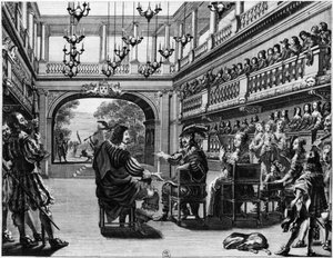 Koning Lodewijk XIII (1601-43) en koningin Anna van Oostenrijk (1601-66) bij de productie van Mirame in het Palais Cardinal, Parijs, 1641