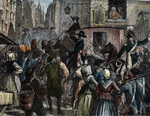 Koning Lodewijk XVI en zijn familie naar de Tempel gebracht (kleurgravure) door French School