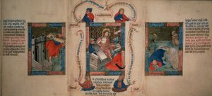 De Opstanding, Samson breekt de poorten van Gaza, Jona ontsnapt uit de walvis, uit de Biblia Pauperum, begin 15e eeuw