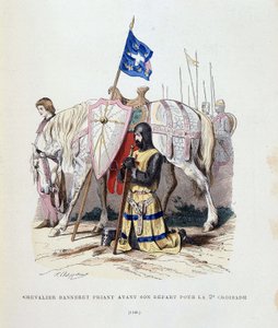 Banierdrager ridder die bidt voor zijn vertrek naar de 2e kruistocht - gravure door French School