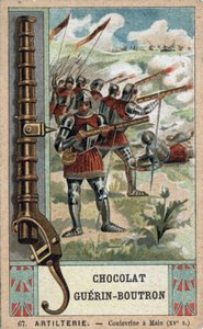 Ridder die een handkolf bedient uit de 15e eeuw. Chromolithografie uit de 19e eeuw van Guérin-Boutron chocolade.