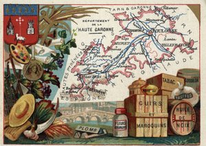 La Haute Garonne, Midi-Pyrenees, Frankrijk. Lokale specialiteit: lood, sinaasappelbloesems, pasta, leer en lederwaren, tabak, walnootolie, teer en truffels. Serie over de Franse departementen. Chromolithografie "de geografische draad", circa 1920. Privécol
