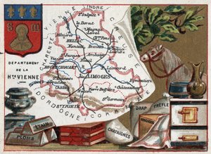 La Haute Vienne (Haute-Vienne, 87), Limousin, Frankrijk. Tin, lood, kastanjepapier, lakens, klaver en zakdoeken. Serie over de Franse departementen. Chromolithografie, circa 1920. Privécollectie. door French School