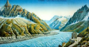 La Mer du Glace, Aiguille du Dru en Montanvers Station, ca. 1900 door French School