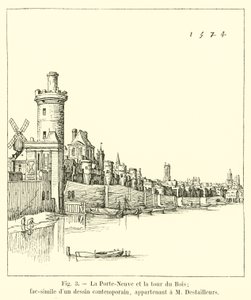 De Porte-Neuve en de toren van het Bos; facsimile van een eigentijdse tekening, behorend tot M Destailleurs