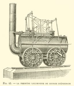 De Eerste Locomotief van George Stephenson (gravure)