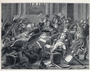 De Terreur tijdens de Franse Revolutie: arrestatie van Maximilian de Robespierre (1758-1794) en zijn aanhangers in het Hotel de Ville de Paris op 9 Thermidor jaar II (27 juli 1794). In het midden vuurt een gendarme een pistool af op Robespierre (1758-1794) door French School