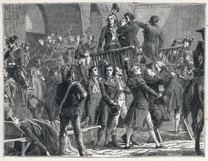 De Terreur tijdens de Franse Revolutie: Girondijnen veroordeeld tot de dood vertrekken zingend patriottische liederen naar het schavot door French School