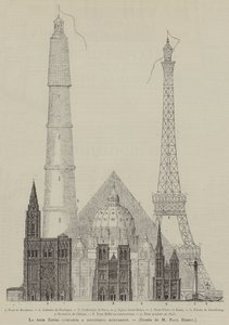 La tour Eiffel comparee a differents monuments (gravure) door French School