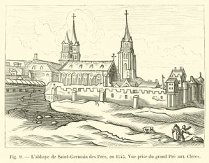 De abdij van Saint-Germain des Pres, in 1545, Uitzicht vanaf de grote Pre aux Clercs door French School
