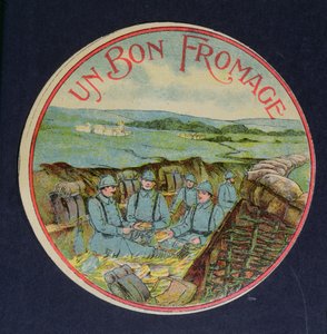 Etiket voor Un Bon Fromage Camembert kaas die soldaten in de loopgraven toont, 1914-18