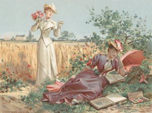 Dames in een korenveld (chromolitho)
