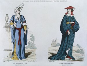 Dame in 1498 onder het bewind van Karel VIII (1470-98), adellijke vrouw in 1395 onder het bewind van Karel VI (1380-1422), uit Costumes civils et militaires des francais a travers les siecles