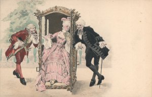 Dame in draagstoel, met mannelijke bewonderaars (chromolitho)