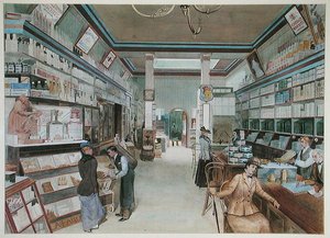 Grote kruidenierswinkel in Engeland, ca. 1900 door French School