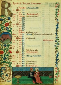 April; Twee geliefden zittend buiten, door Robinet Testard, uit de Getijden van Karel van Angoulême door French School