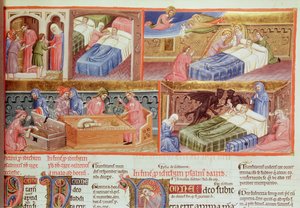 Goede man wordt naar de hemel gebracht en hebzuchtige man naar de hel, uit de Hebraica Romana Gallica