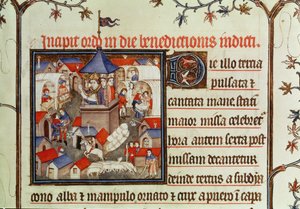 Miniatuur van een bisschop die de jaarlijkse kermis of markt zegent, gehouden twee weken in juni op de vlakten van St. Denis, uit een pontificaal, 1301-1400 door French School