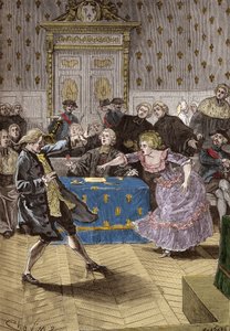 Rechtszaak van de Zaak van de Ketting van koningin Marie-Antoinette - Voor het Parlement van Parijs, Cagliostro duwt de valse gravin van Lamotte-Valois te ver, een intrigant die de kardinaal van Rohan misleidde. 31 mei door French School