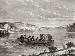 Het leggen van een telegraafkabel onder een Amerikaanse rivier ca. 1860, uit Les Merveilles de la Science, gepubliceerd ca. 1870